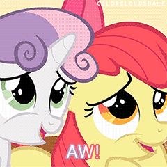Size: 240x240 | Tagged: safe, edit, edited screencap, screencap, character:apple bloom, character:sweetie belle, species:earth pony, species:pony, species:unicorn, episode:the cutie mark chronicles, g4, my little pony: friendship is magic, animated, caption, gif, image macro, text