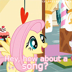Size: 240x240 | Tagged: safe, edit, edited screencap, screencap, character:fluttershy, character:sweetie belle, species:pegasus, species:pony, species:unicorn, episode:the cutie mark chronicles, g4, my little pony: friendship is magic, animated, caption, gif, image macro, text