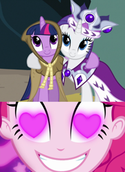 Size: 960x1320 | Tagged: safe, edit, edited screencap, screencap, character:clover the clever, character:pinkie pie, character:rarity, character:twilight sparkle, ship:rarilight, episode:coinky-dink world, episode:hearth's warming eve, eqg summertime shorts, g4, my little pony: equestria girls, my little pony: friendship is magic, my little pony:equestria girls, cropped, female, heart eyes, lesbian, meme, pinkie the shipper, pinkie's eyes, princess platinum, shipping, wingding eyes