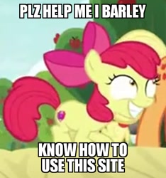 Size: 525x560 | Tagged: safe, edit, edited screencap, screencap, character:apple bloom, character:applejack, episode:going to seed, g4, my little pony: friendship is magic, barley, caption, cropped, help, image macro, low quality, solo focus, text
