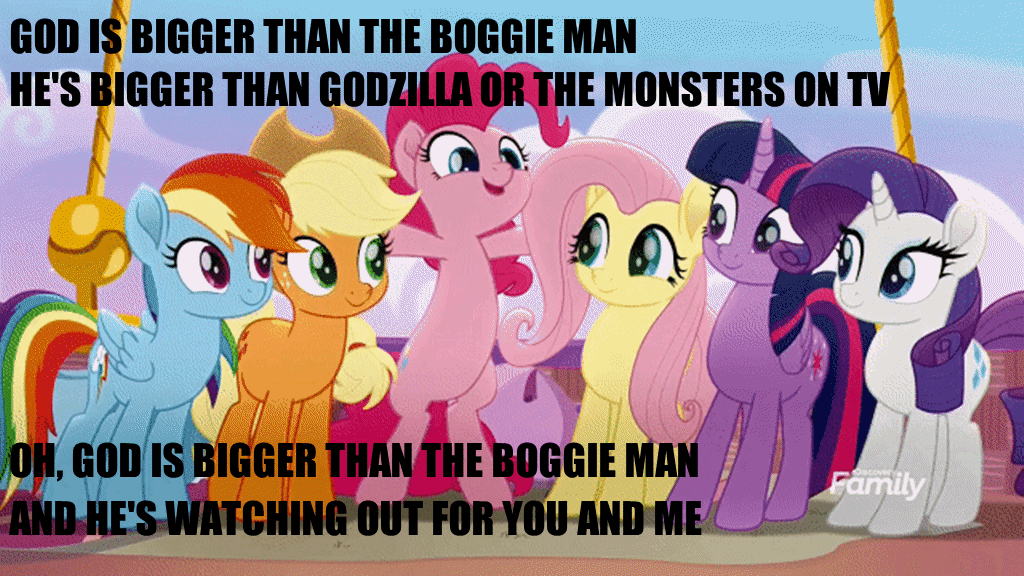 Size: 1024x576 | Tagged: safe, edit, edited screencap, screencap, character:applejack, character:fluttershy, character:pinkie pie, character:rainbow dash, character:rarity, character:twilight sparkle, character:twilight sparkle (alicorn), species:alicorn, species:pony, friendship is magic: rainbow roadtrip, g4, my little pony: friendship is magic, 100 bottles of pop, animated, discovery family logo, gif, mane six, meme, non-looping gif, religion, religious focus, veggietales
