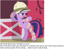 Size: 1424x1100 | Tagged: safe, edit, edited screencap, screencap, character:twilight sparkle, character:twilight sparkle (unicorn), species:pony, species:unicorn, episode:feeling pinkie keen, g4, my little pony: friendship is magic, bandage, bandaid, bipedal, bipedal leaning, caption, clothing, cropped, female, hat, image macro, leaning, mare, pith helmet, solo, text, what japan thinks of mlp
