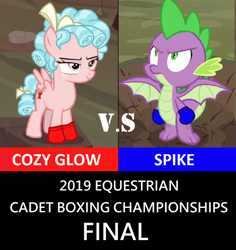 Size: 856x908 | Tagged: safe, edit, edited screencap, screencap, character:cozy glow, character:spike, episode:frenemies, episode:molt down, g4, my little pony: friendship is magic, boxing, imminent pain, sports, this will end in pain, versus