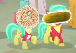 Size: 698x482 | Tagged: safe, edit, edited screencap, screencap, character:barley barrel, character:pickle barrel, friendship is magic: rainbow roadtrip, g4, my little pony: friendship is magic, barley, food, op is on drugs, pickle, wat, what is this, wtf
