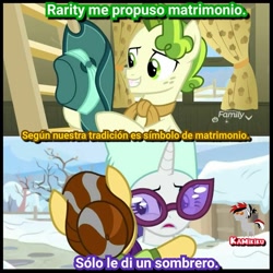 Size: 960x960 | Tagged: safe, edit, edited screencap, screencap, character:butternut, character:pistachio, character:rarity, species:pony, episode:best gift ever, g4, my little pony: friendship is magic, female, hug, male, raristachio, shipping, spanish, straight, translation in description, winter outfit