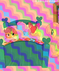 Size: 200x240 | Tagged: safe, edit, edited screencap, screencap, character:apple bloom, character:fluttershy, character:scootaloo, character:sweetie belle, species:earth pony, species:pegasus, species:pony, species:unicorn, episode:stare master, g4, my little pony: friendship is magic, animated, bed, cutie mark crusaders, gif, hush now quiet now