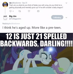 Size: 1632x1650 | Tagged: safe, edit, edited screencap, screencap, character:rarity, character:spike, species:dragon, species:pony, species:unicorn, episode:dragon dropped, g4, my little pony: friendship is magic, bed, caption, darling, excessive exclamation marks, female, image macro, implied shipping, implied sparity, implied straight, jim miller, male, mare, meta, pillow, text, twitter, winged spike