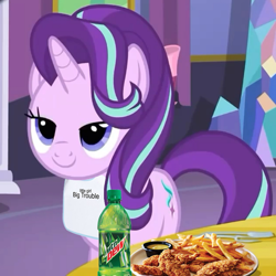 Size: 720x719 | Tagged: safe, edit, edited screencap, screencap, character:starlight glimmer, species:pony, species:unicorn, episode:no second prances, g4, my little pony: friendship is magic, bib, chicken tenders, female, food, french fries, glimmerposting, meme, mountain dew, solo