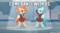 Size: 600x337 | Tagged: safe, edit, edited screencap, screencap, character:lighthoof, character:shimmy shake, species:pony, episode:2-4-6 greaaat, cheerleader, cheerleader outfit, clothing, dance floor, inviting, movie reference, standing, the shining