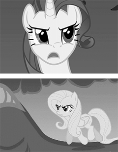Size: 240x310 | Tagged: safe, edit, edited screencap, screencap, character:basil, character:fluttershy, character:rarity, species:dragon, species:pegasus, species:pony, species:unicorn, episode:dragonshy, g4, my little pony: friendship is magic, animated, gif, grayscale, monochrome