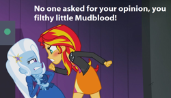 Size: 1240x716 | Tagged: safe, edit, edited screencap, screencap, character:sunset shimmer, character:trixie, equestria girls:rainbow rocks, g4, my little pony: equestria girls, my little pony:equestria girls, draco malfoy, harry potter, mudblood
