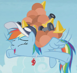 Size: 728x686 | Tagged: safe, edit, edited screencap, screencap, character:rainbow dash, species:pony, episode:2-4-6 greaaat, ball, cap, clothing, cone, cropped, cute, dashabetes, dumbbell (object), excited, female, flying, hat, lifting, medicine ball, solo, traffic cone, whistle