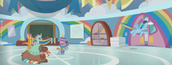 Size: 1900x720 | Tagged: safe, edit, edited screencap, screencap, character:lighthoof, character:ocellus, character:rainbow dash, character:shimmy shake, character:smolder, character:snips, character:yona, species:changedling, episode:2-4-6 greaaat, bailing out, banner, cabinet, cap, clothing, cloud, door, face paint, flag, flying, gym, hat, on top, open door, panorama, podium, rainbow, top hat, trophy
