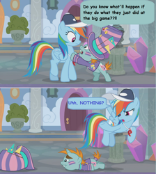 Size: 1366x1526 | Tagged: safe, edit, edited screencap, screencap, character:rainbow dash, character:snips, species:pony, episode:2-4-6 greaaat, cap, clothing, comic, dialogue, face paint, flag, flying, hat, school of friendship, screencap comic, speech bubble, top hat, whistle, worried