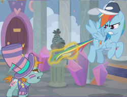 Size: 886x680 | Tagged: safe, edit, edited screencap, screencap, character:rainbow dash, character:snips, species:pony, episode:2-4-6 greaaat, angry, cap, clothing, craft, cropped, face paint, flag, frustrated, hat, pulling, sculpture, tail, tail pull, top hat, whistle