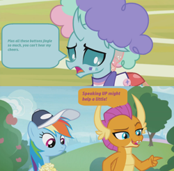 Size: 1364x1342 | Tagged: safe, edit, edited screencap, screencap, character:ocellus, character:rainbow dash, character:smolder, species:changedling, episode:2-4-6 greaaat, cap, clothing, comic, cropped, face paint, food, hat, outdoors, pointing, popcorn, screencap comic, wig