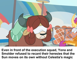 Size: 1517x1222 | Tagged: safe, edit, edited screencap, screencap, character:smolder, character:yona, species:yak, episode:2-4-6 greaaat, blindfold, bow, buckball, discovery family logo, duo, female, hair bow, heresy, monkey swings, ponestrip, solo focus