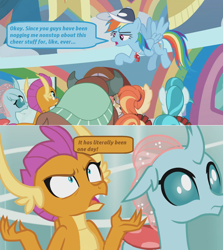 Size: 1366x1534 | Tagged: safe, edit, edited screencap, screencap, character:lighthoof, character:ocellus, character:rainbow dash, character:shimmy shake, character:smolder, character:yona, species:changedling, species:changeling, species:dragon, species:earth pony, species:pegasus, species:pony, species:reformed changeling, species:yak, episode:2-4-6 greaaat, baseball cap, cap, clothing, coach rainbow dash, comic, dialogue, door, dragoness, female, flying, gym, hat, indifferent, mare, rainbow, screencap comic, speech bubble, upset, whistle