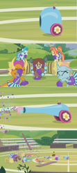 Size: 1362x3068 | Tagged: safe, edit, edited screencap, screencap, character:lighthoof, character:ocellus, character:shimmy shake, character:smolder, character:yona, species:changedling, episode:2-4-6 greaaat, blast, bleachers, cheerleader, cheerleader ocellus, cheerleader outfit, cheerleader smolder, cheerleader yona, clothing, confetti, fail, fence, field, gramophone, injured, outdoors, party cannon, plank, planks, pleated skirt, pom pom, ponytail, screencap comic, skirt