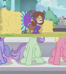 Size: 1362x1534 | Tagged: safe, edit, edited screencap, screencap, character:rainbowshine, character:sunshower raindrops, character:violet twirl, character:yona, species:pony, species:yak, episode:2-4-6 greaaat, bleachers, cheerleader, cheerleader outfit, cheerleader yona, clothing, cloven hooves, comic, crowd, female, fence, friendship student, hay, hay bale, monkey swings, pleated skirt, pom pom, screencap comic, skirt, stomping