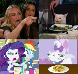Size: 609x572 | Tagged: safe, edit, edited screencap, screencap, character:opalescence, character:rainbow dash, character:rarity, species:human, my little pony:equestria girls, cat, comparison, irl, irl human, meme, photo, woman yelling at a cat