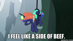 Size: 600x337 | Tagged: safe, edit, edited screencap, screencap, character:princess luna, species:pony, episode:between dark and dawn, g4, my little pony: friendship is magic, hanging, hard hat, hat, luna is not amused, rope, scooby doo, tail bun, unamused