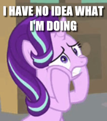 Size: 384x436 | Tagged: safe, edit, edited screencap, screencap, character:starlight glimmer, episode:the beginning of the end, g4, my little pony: friendship is magic, caption, i have no idea what i'm doing, image macro, stressed, text