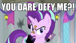 Size: 1845x1038 | Tagged: safe, edit, edited screencap, screencap, character:starlight glimmer, species:pony, episode:a horse shoe-in, g4, my little pony: friendship is magic, angry, burnt mane, frollo, hunchback of notre dame, mud, text edit, this will end in gulag
