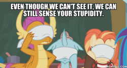 Size: 600x323 | Tagged: safe, edit, edited screencap, screencap, character:ocellus, character:shimmy shake, character:smolder, species:changedling, episode:2-4-6 greaaat, blindfold