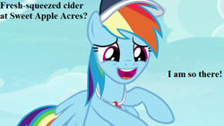 Size: 800x450 | Tagged: safe, edit, edited screencap, screencap, character:rainbow dash, species:pony, episode:2-4-6 greaaat, bronybait, cider dash, clothing, cute, dashabetes, happy, hat, speech, whistle