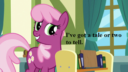 Size: 640x360 | Tagged: safe, edit, edited screencap, screencap, character:cheerilee, species:pony, episode:a flurry of emotions, g4, my little pony: friendship is magic, book, bookshelf, cheeribetes, curtains, cute, dialogue, i hope we hear a story from cheerilee