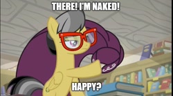 Size: 897x500 | Tagged: safe, edit, edited screencap, screencap, character:a.k. yearling, character:daring do, species:pegasus, species:pony, episode:daring doubt, g4, my little pony: friendship is magic, caption, clothing, glasses, image macro, meme, nudity, robe, text, we don't normally wear clothes