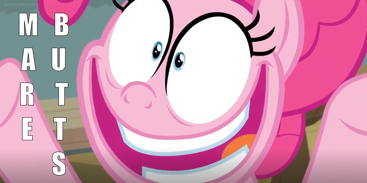 Size: 1280x641 | Tagged: safe, edit, edited screencap, screencap, character:pinkie pie, species:earth pony, species:pony, episode:a trivial pursuit, g4, my little pony: friendship is magic, butts, caption, dialogue, female, image macro, insanity, lesbian, smiling, teeth, text
