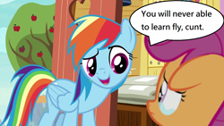Size: 1280x720 | Tagged: safe, edit, edited screencap, screencap, character:rainbow dash, character:scootaloo, species:pegasus, species:pony, episode:the last crusade, g4, my little pony: friendship is magic, abuse, background pony strikes again, cruel, cunt, downvote bait, duo, female, filly, grammar error, harsher in hindsight, mare, mouthpiece, op is a duck, op is trying to start shit, out of character, rainbow douche, sad, scootabuse, teary eyes, vulgar