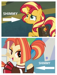 Size: 3106x4096 | Tagged: safe, edit, edited screencap, screencap, character:shimmy shake, character:sunset shimmer, species:pony, episode:2-4-6 greaaat, equestria girls:forgotten friendship, g4, my little pony: equestria girls, my little pony:equestria girls, captain obvious, caption arrow, cute, know the difference, nickname, shakeabetes, shimmerbetes, shimmy