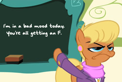 Size: 880x595 | Tagged: safe, edit, edited screencap, screencap, character:ms. harshwhinny, species:earth pony, species:pony, episode:flight to the finish, g4, my little pony: friendship is magic, chalkboard, clothing, f, female, frown, grumpy, mare, pointing, solo