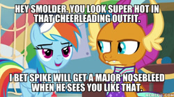 Size: 600x337 | Tagged: safe, edit, edited screencap, screencap, character:rainbow dash, character:smolder, episode:2-4-6 greaaat, cheerleader outfit, cheerleader smolder, clothing, implied spike, implied spolder, smolder is not amused, unamused