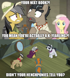 Size: 890x988 | Tagged: safe, edit, edited screencap, screencap, character:biff, character:daring do, character:doctor caballeron, character:fluttershy, character:rainbow dash, character:rogue, species:earth pony, species:pegasus, species:pony, episode:daring don't, episode:daring doubt, g4, my little pony: friendship is magic, ascot, cape, caption, clothing, continuity error, female, glasses, hat, henchmen, male, mare, meme, pith helmet, scarf, stallion, sunglasses, text, text edit