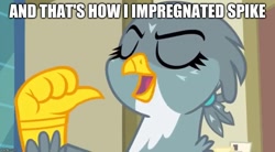 Size: 909x500 | Tagged: safe, edit, edited screencap, screencap, character:gabby, species:griffon, episode:dragon dropped, g4, my little pony: friendship is magic, caption, claw, eyes closed, female, image macro, implied male pregnancy, implied pregnancy, male, pointing, pride, solo, straight, text