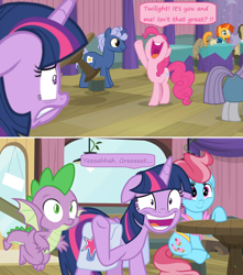 Size: 1600x1808 | Tagged: safe, edit, edited screencap, screencap, character:cranky doodle donkey, character:cup cake, character:doctor whooves, character:maud pie, character:midnight snack, character:pinkie pie, character:spike, character:sunburst, character:time turner, character:twilight sparkle, character:twilight sparkle (alicorn), species:alicorn, species:dragon, species:pony, episode:a trivial pursuit, g4, my little pony: friendship is magic, ceiling light, comic, dialogue, door, excited, eye twitch, fake smile, floppy ears, flying, friendship student, nervous grin, saddle bag, screencap comic, speech bubble, table flip, waving, window, winged spike