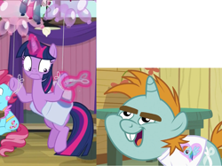 Size: 1276x954 | Tagged: safe, edit, screencap, character:cup cake, character:rainbow dash, character:snips, character:twilight sparkle, character:twilight sparkle (alicorn), species:alicorn, species:pony, species:unicorn, derpibooru, episode:a trivial pursuit, episode:the mysterious mare do well, g4, my little pony: friendship is magic, bucktooth, clothing, colt, juxtaposition, male, meta, open mouth, saddle bag, scissors, shirt, solo, t-shirt