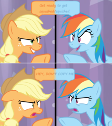 Size: 1600x1802 | Tagged: safe, edit, edited screencap, screencap, character:applejack, character:rainbow dash, species:pony, episode:a trivial pursuit, g4, my little pony: friendship is magic, angry, copying, dialogue, rivalry, speech bubble, split screen, upset
