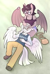Size: 695x1024 | Tagged: safe, artist:siden, oc, oc:titty sprinkles, oc:whiter penmanship, species:anthro, species:bat pony, species:pegasus, species:pony, bat pony oc, boop, freckles, glasses, head on lap, simple background, sweater vest, wholesome
