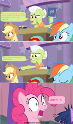Size: 1366x2312 | Tagged: safe, edit, edited screencap, screencap, character:applejack, character:granny smith, character:pinkie pie, character:rainbow dash, character:twilight sparkle, character:twilight sparkle (alicorn), species:alicorn, species:pony, episode:a trivial pursuit, g4, my little pony: friendship is magic, book, bow tie, comic, dialogue, disbelief, disqualified, messy, messy mane, podium, pointing, screencap comic, shocked, speech bubble