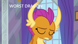 Size: 1280x720 | Tagged: safe, edit, edited screencap, screencap, character:smolder, episode:sweet and smoky, g4, my little pony: friendship is magic, abuse, blatant lies, downvote bait, go to bed sludge, op has an opinion, op is a duck, op is trying to start shit, smolderbuse, worst pony