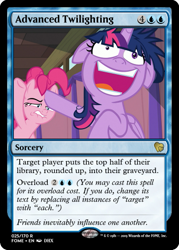 Size: 375x523 | Tagged: safe, edit, edited screencap, screencap, character:pinkie pie, character:twilight sparkle, character:twilight sparkle (alicorn), species:alicorn, species:pony, episode:a trivial pursuit, g4, my little pony: friendship is magic, ccg, faec, female, floppy ears, magic the gathering, mare, messy mane, trading card, trading card edit, twilight snapple, twilighting, twilynanas