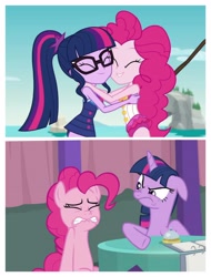 Size: 3106x4096 | Tagged: safe, edit, edited screencap, screencap, character:pinkie pie, character:twilight sparkle, character:twilight sparkle (alicorn), character:twilight sparkle (scitwi), species:alicorn, species:eqg human, species:pony, episode:a trivial pursuit, episode:friendship math, g4, my little pony: equestria girls, my little pony: friendship is magic, my little pony:equestria girls, comparison, floppy ears, geode of telekinesis, magical geodes