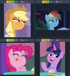 Size: 372x406 | Tagged: safe, edit, edited screencap, screencap, character:applejack, character:pinkie pie, character:rainbow dash, character:twilight sparkle, character:twilight sparkle (alicorn), species:alicorn, species:pony, derpibooru, episode:28 pranks later, episode:a trivial pursuit, g4, my little pony: friendship is magic, applejack's hat, bedroom eyes, clothing, cowboy hat, hat, juxtaposition, meta, one of these things is not like the others, smiling, tongue out