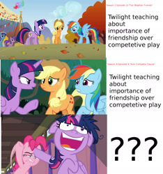 Size: 1972x2105 | Tagged: safe, edit, edited screencap, screencap, character:applejack, character:pinkie pie, character:rainbow dash, character:twilight sparkle, character:twilight sparkle (alicorn), species:alicorn, species:pony, /mlp/, episode:a trivial pursuit, episode:fall weather friends, episode:non-compete clause, g4, my little pony: friendship is magic, floppy ears, leaves, messy mane, op is a duck, op is trying to start shit, twilight snapple