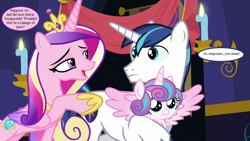 Size: 1280x720 | Tagged: safe, edit, edited screencap, screencap, character:princess cadance, character:princess flurry heart, character:shining armor, species:alicorn, species:pony, species:unicorn, ship:shiningcadance, episode:best gift ever, g4, my little pony: friendship is magic, candle, crown, cute, cutedance, dialogue, female, hoof shoes, jewelry, male, mare, regalia, shipping, speech bubble, stallion, straight, twilight's castle